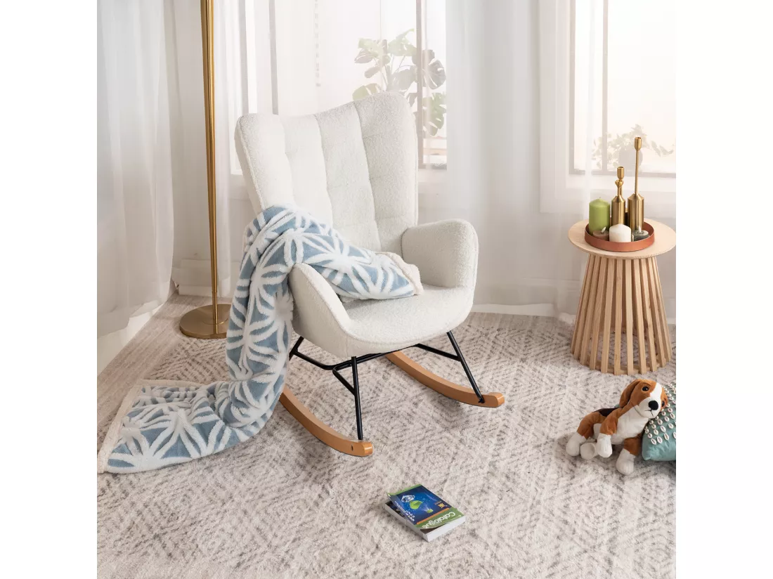 MEUBLES COSY Fauteuil à Bascule Allaitement Scandinave Chaise Loisir et Repos en Bouclette avec Pieds en E' Bois Métal pour Salon, Chambre, Massif, Beige, 66x84x97cm