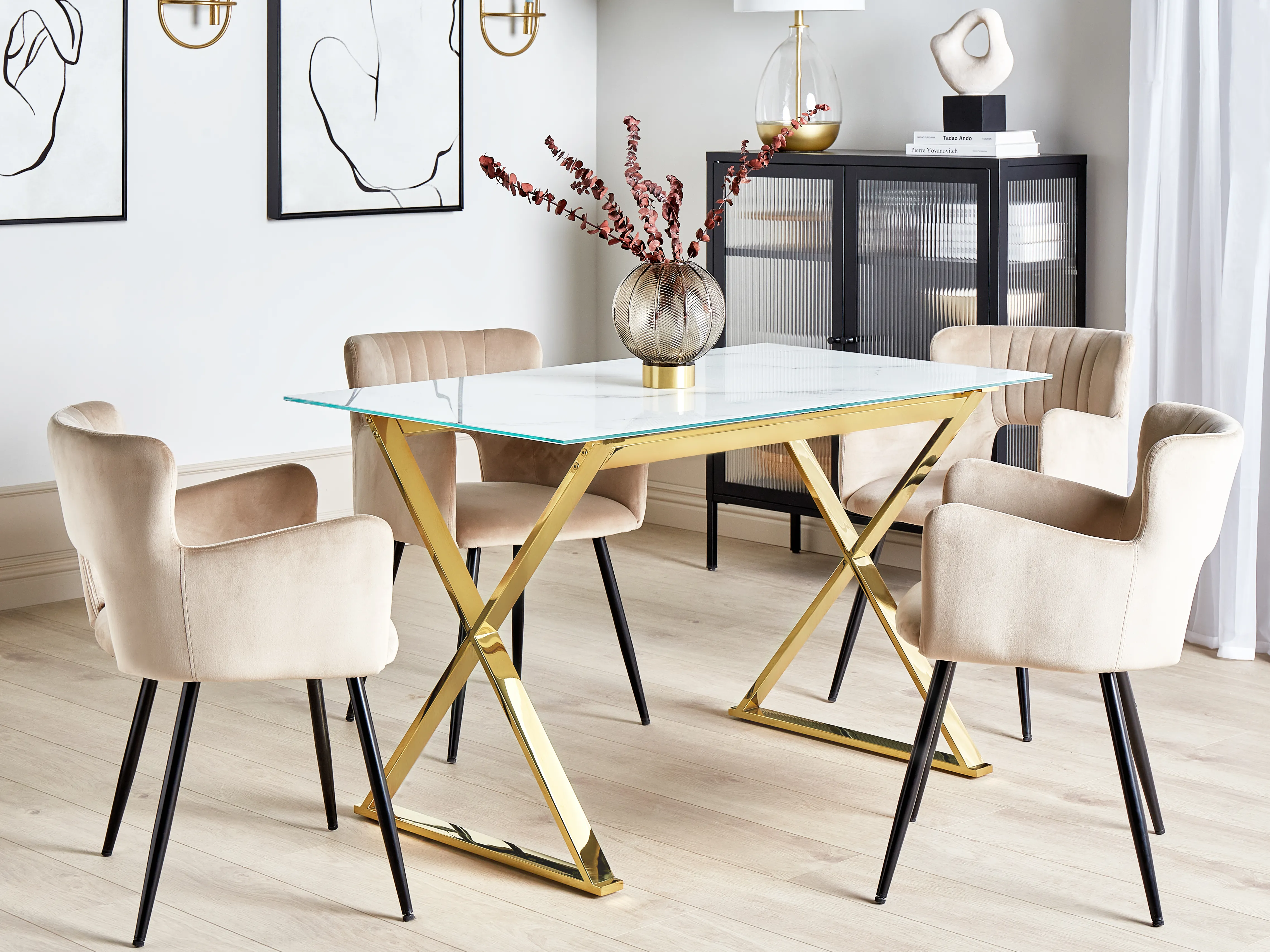 Eettafel ATTICA Marmer/goud 70 cm Veiligheidsglas 120 cm