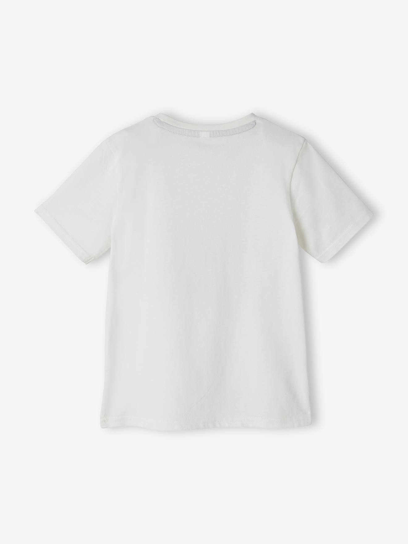 Camiseta de manga curta com estampa animal, feita de algodão orgânico, para meninos, lisa, branca clara com estampa animal.