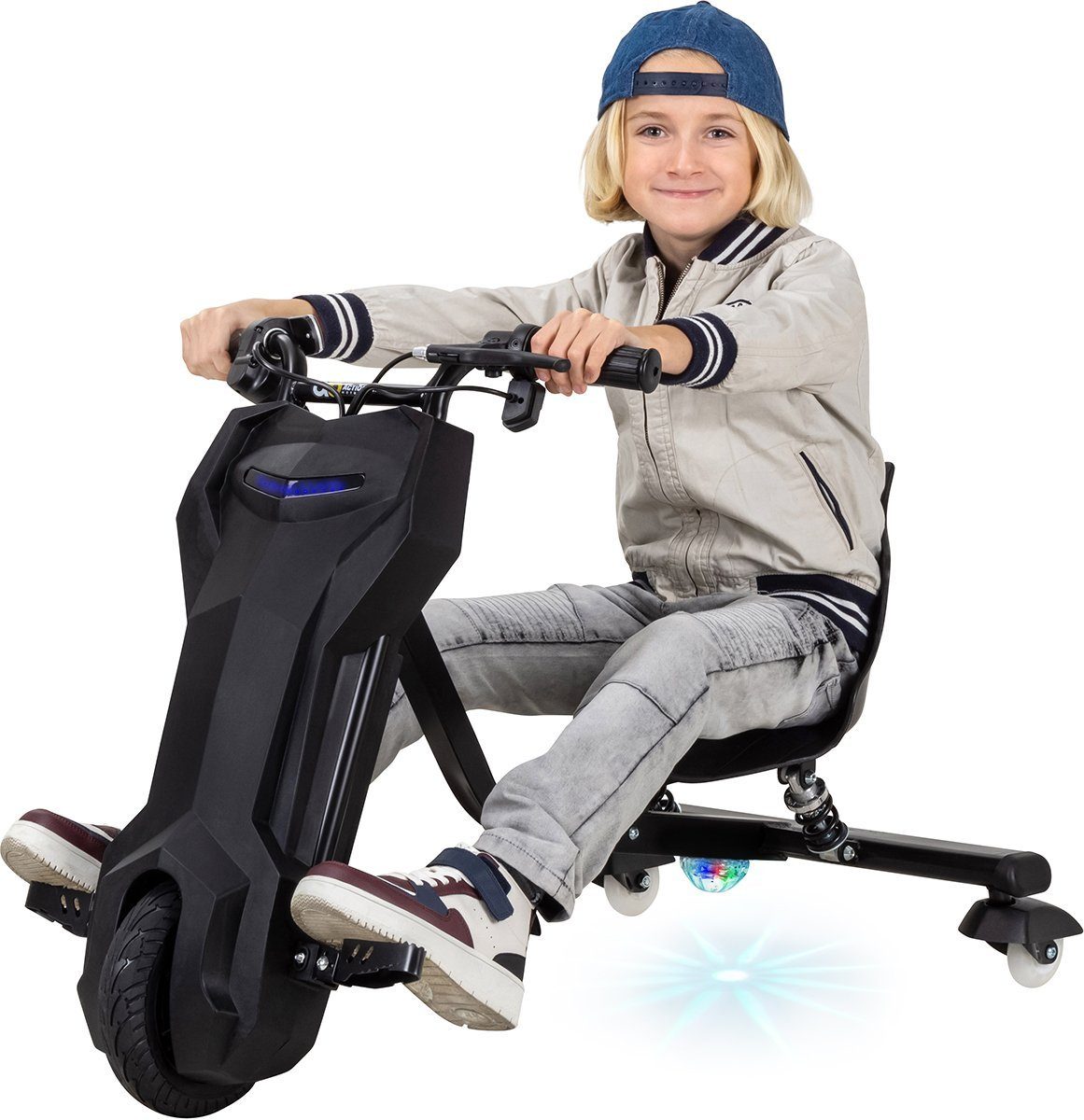 Patinete de três rodas Actionbikes Motors Drifter 360, 15 km/h, 250 watts - Rodas LED 360° - Suspensão - 3 níveis - Triciclo de drift