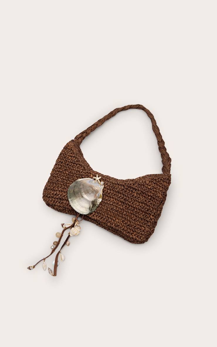 Chocolat Sac À Bandoulière En Raphia Avec Ornements De Coquillages