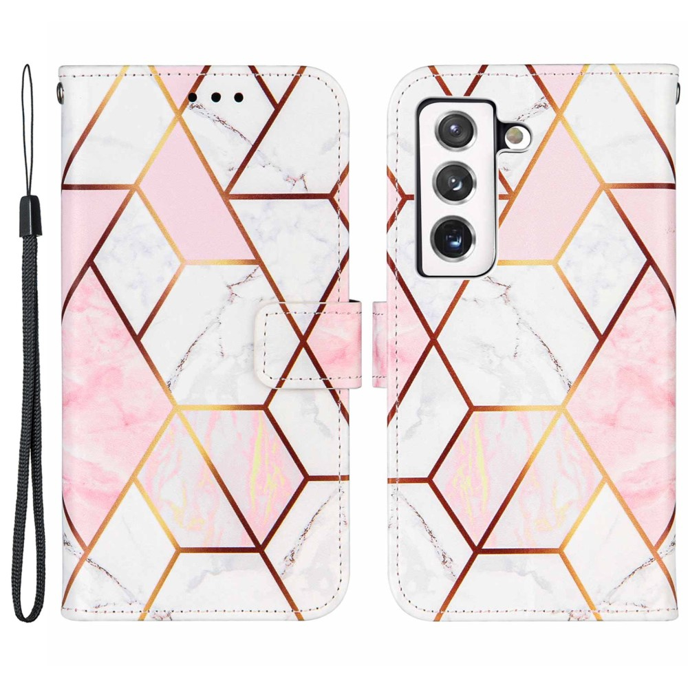 Samsung Galaxy S22 5G Leder Tasche mit Kartenfach   Handschlaufe Geometrisches Muster - Rosa / Weiss