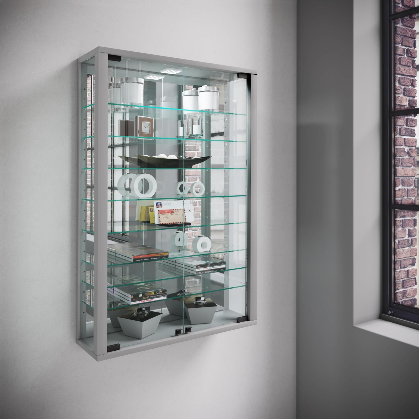 Wandvitrine VITROSA MINI - silber - inkl. LED-Beleuchtung - mit Spiegel