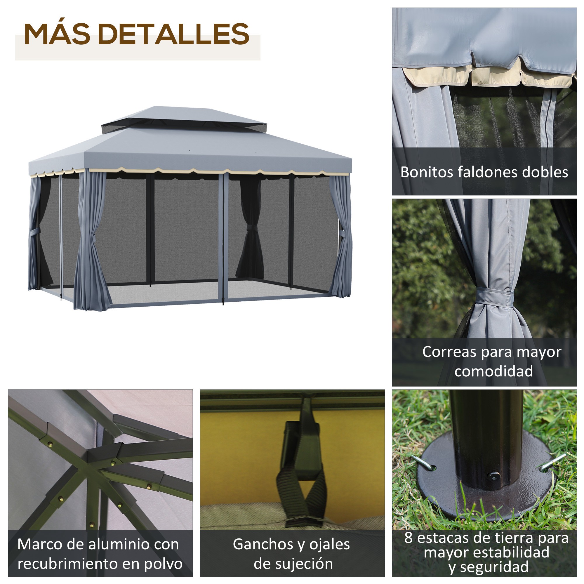 O conjunto de gazebo Outsunny inclui 1 gazebo de jardim de 4x3m com 4 cortinas laterais, 4 mosquiteiros e 1 cobertura extra de 4x3m para festas e eventos ao ar livre, nas cores cinza e bege.