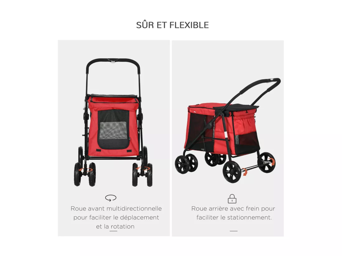 Poussette pliable pour chien chat 4 roues 3 pochettes rangement coussin acier oxford rouge