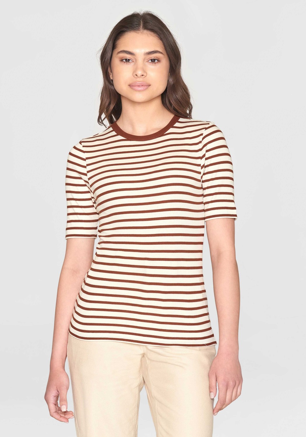 Knowledge Cotton Apparel Rib T-Shirt Striped Brown Stripe