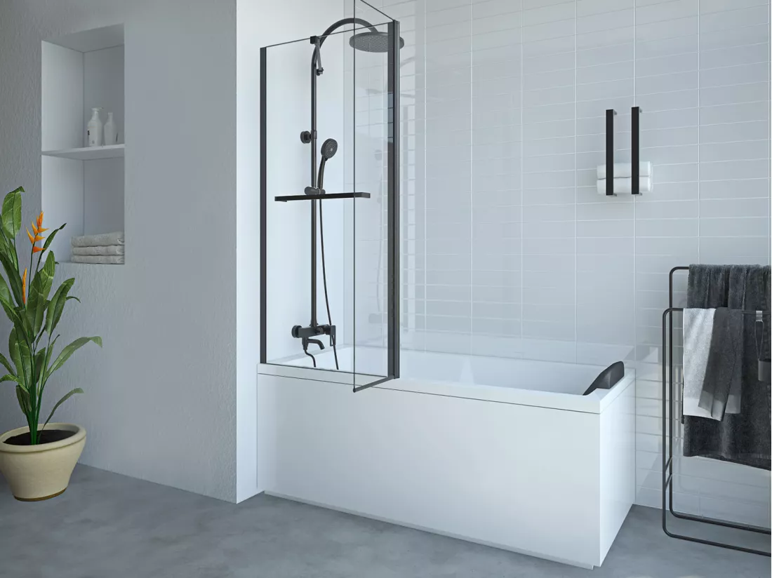 Pare baignoire avec porte-serviette et retour pivotant noir mat - (70 + 30) x 140 cm - PRIMAEL