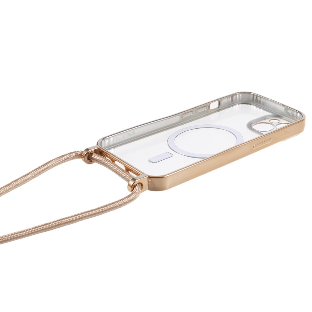 iPhone 15 MagSafe Necklace Gummi Case Hülle Galvanisierter Rahmen mit Handykette (160cm)   Kameraschutz - Gold / Transparent