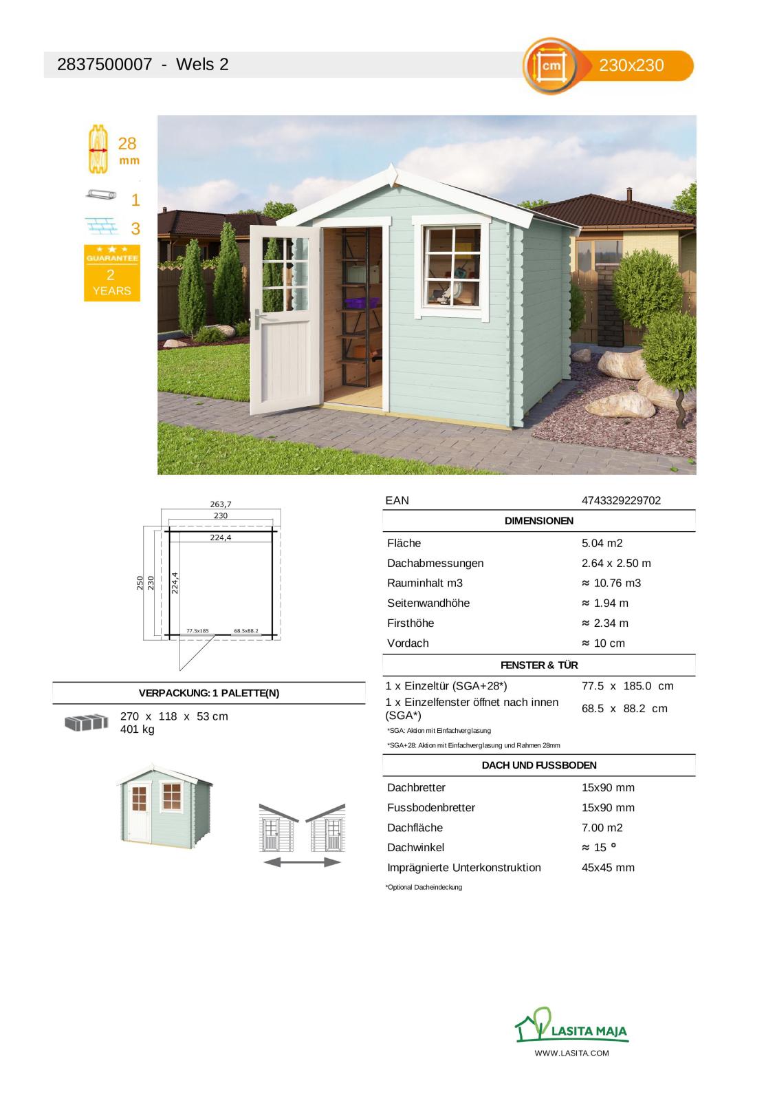 Gartenhaus WELS 2 - gletschergrün - Fichte massiv - 230x230 cm