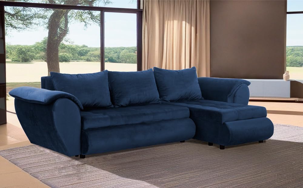Santana Ecksofa mit Schlaffunktion und Bettkasten - Sofa mit 3 Sitzen und Robustem Überzug - Schlafcouch L-Form Universal - Modern Couch - 265x143x83 cm (Stoff Basic, Marine)