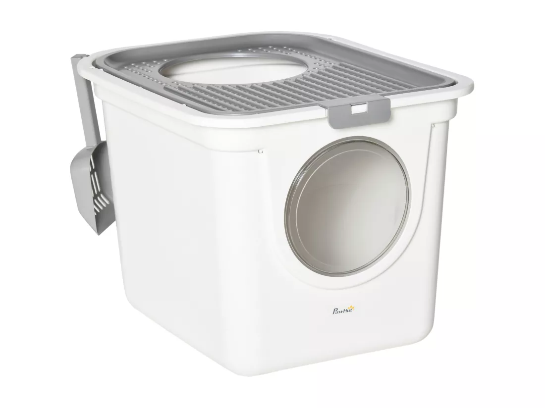Maison de toilette litière pour chat double porte battante et supérieure - pelle incluse - blanc gris
