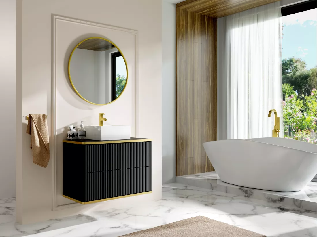 Meuble de salle de bain suspendu strié liseré doré avec vasque à poser carrée - Noir - 80 cm - KELIZA