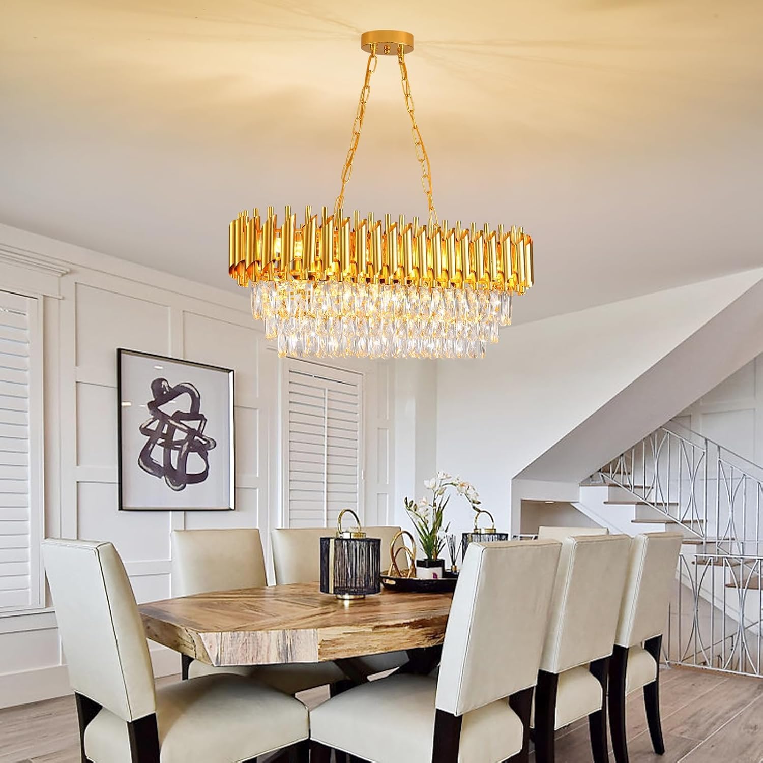 Moderne Kristall-Kronleuchter für Esszimmer 8-Licht Gold Kristall-Kronleuchter Wohnzimmer Oval Zeitgenössische Decke Hängelicht Anhänger Leuchte für Küche Insel Restaurant L80CM