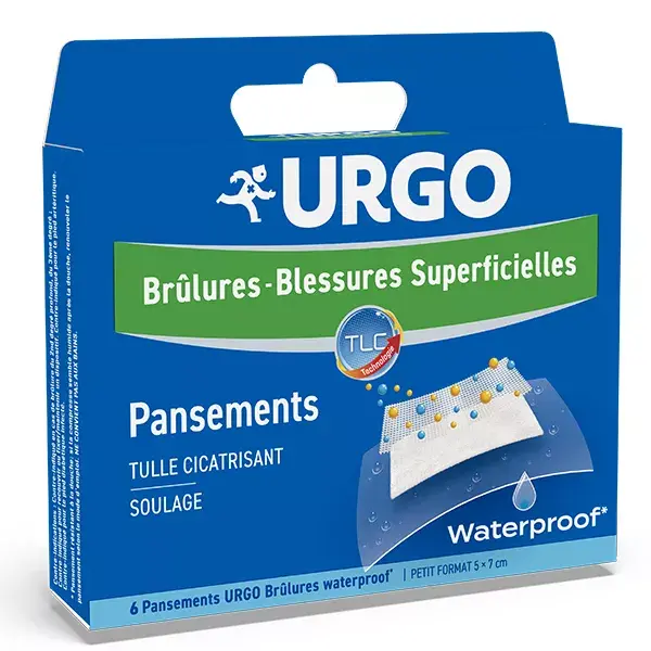 Curativos impermeáveis Urgo First Aid para queimaduras e feridas superficiais, 5 x 7 cm, 6 unidades.