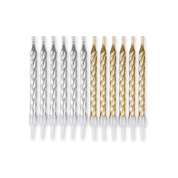 SET 12 BOUGIES ANNIVERSAIRE MAGIQUES SUPPORT H.6CM ARGENT OR