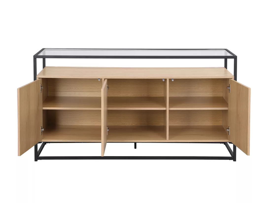 Buffet avec 3 portes en MDF, verre trempé et métal - Naturel clair - CAMATA