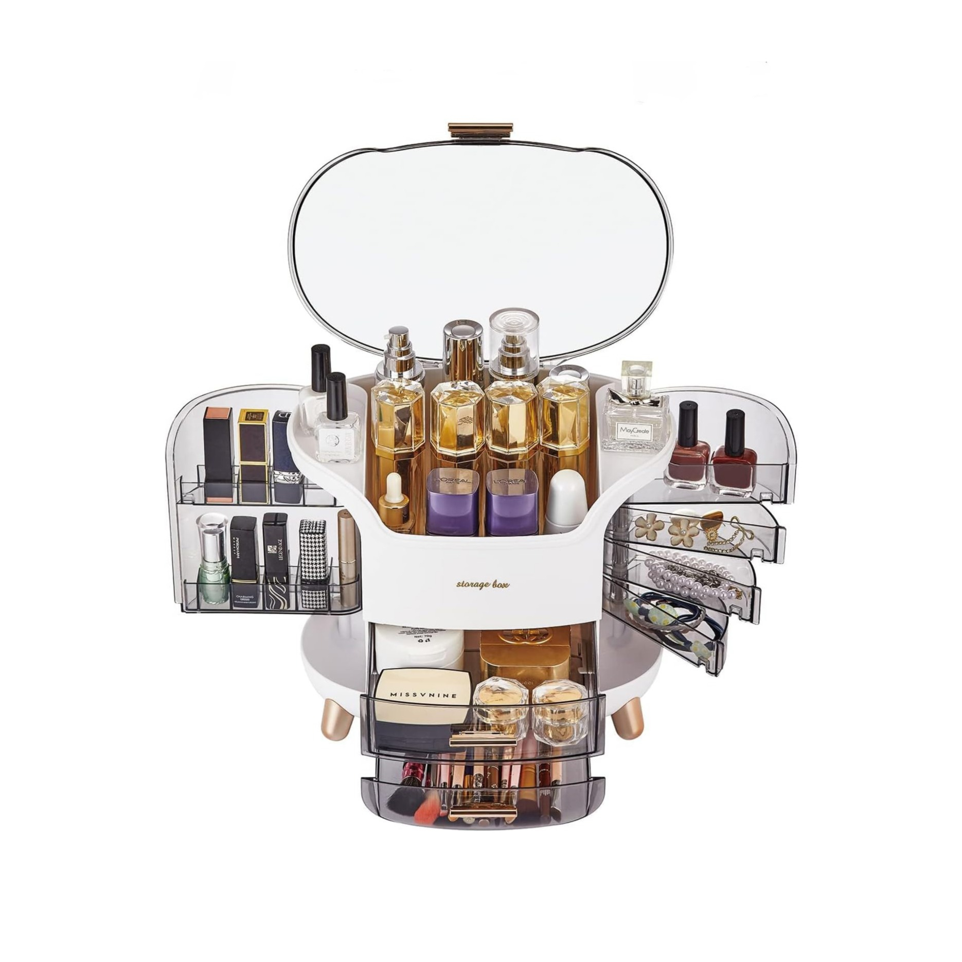 Make Up Organizer Schminktisch Kosmetik Aufbewahrung mit Deckel und Schubladen - Transparent / Weiss