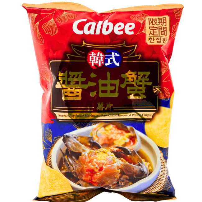 Calbee Koreaanse chips met rauwe krabsmaak, gemarineerd in sojasaus
