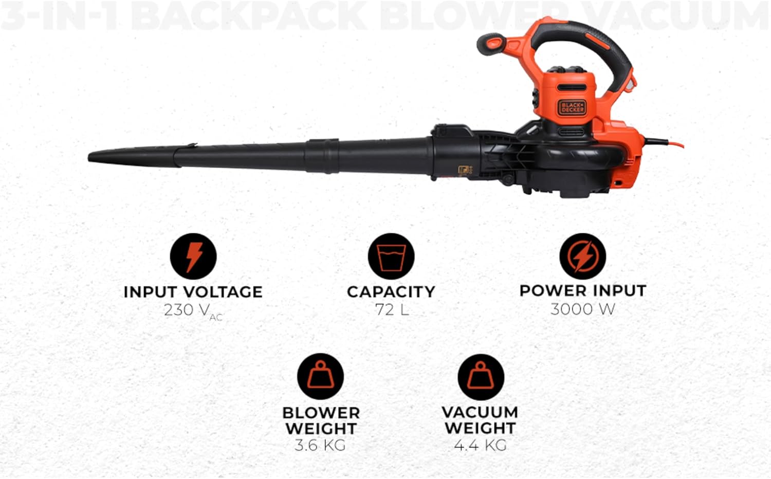 BLACK+DECKER 3-in-1 Elektro Laubsauger & Laubbläser (3.000 Watt, mit Häcksler, 72l Fangsack-Rucksack – hohe Blasgeschwindigkeit & verstellbare Saugleistung, für Terrasse, Wege, Einfahrten) BEBLV300-QS