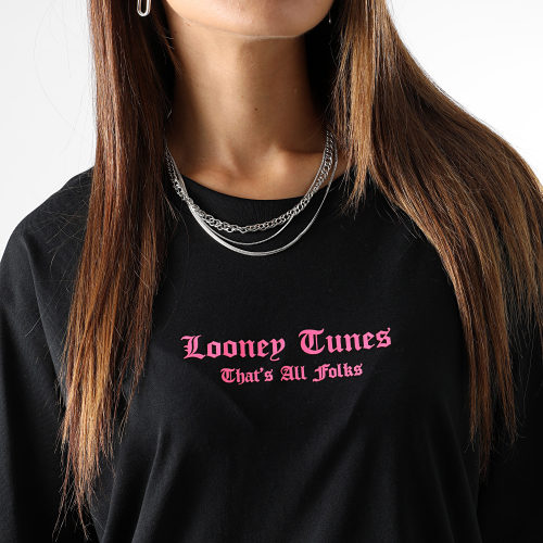 Tee Shirt Oversize Large Femme Angry Taz Noir Rose Fluo