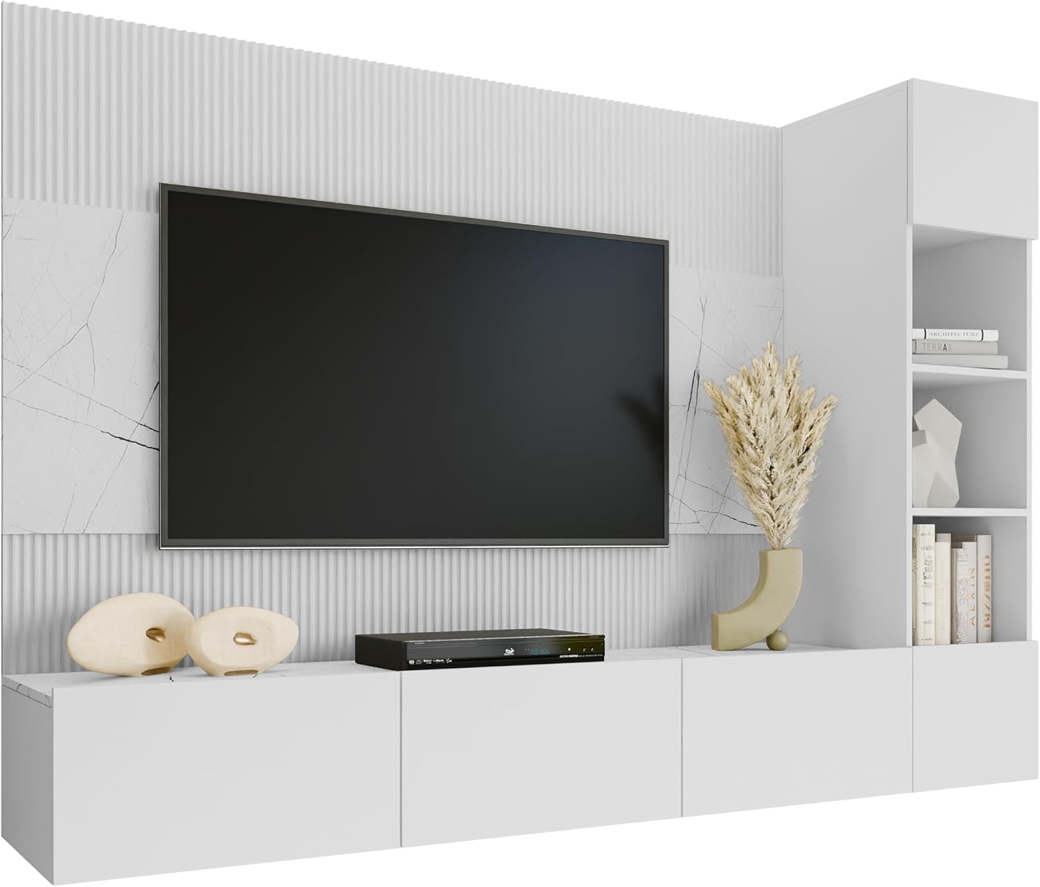 Mirjan24 Wohnwand Deromi, Anbauwand mit Wandpaneele und TV-Lowboard, Akustikplatten, Fernsehschrank, Schrankwand, Mediawand, TV-Lowboard (Weiß + Weiß Marmor, 1x Hängeregal)