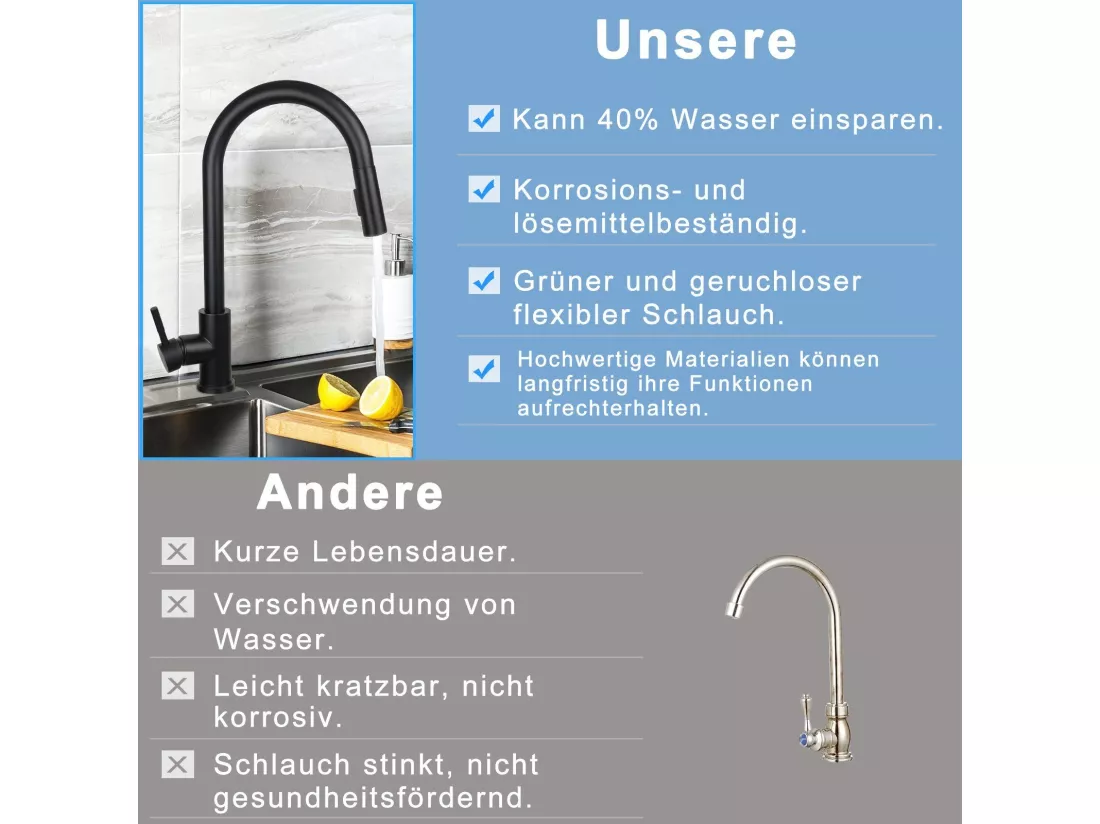 NETTLIFE Robinet de cuisine avec pomme de douche extensible, à haute pression, en acier inoxydable à jet double et pivotant à 360 °, Noir