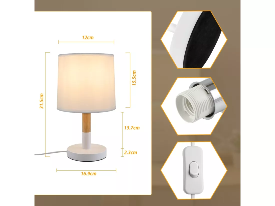 NETTLIFE Lampe de chevet Set de 2 lampes de table Salon - en bois E27 Douille Bedside Lamp Chambre à coucher Blanc
