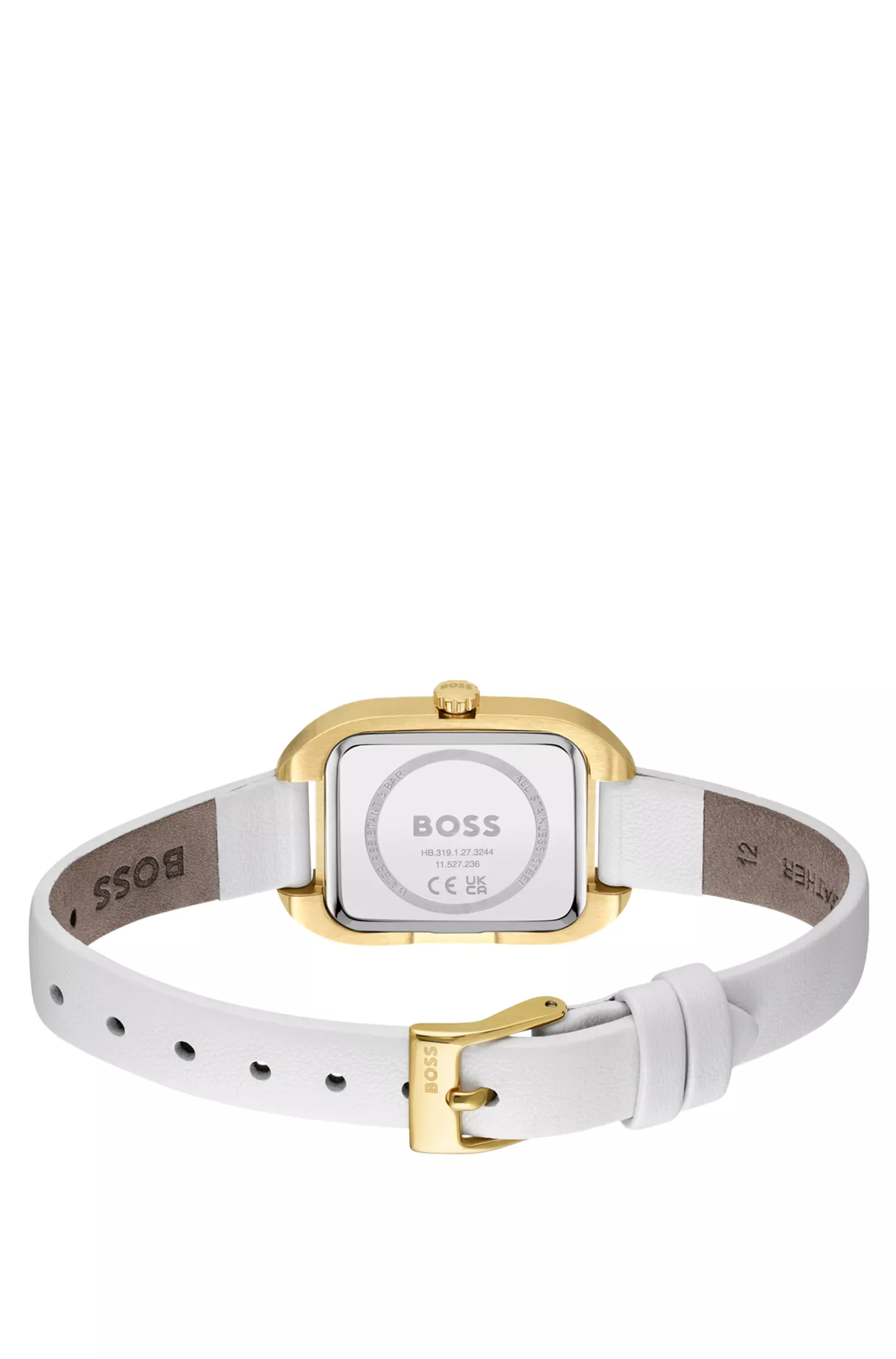 Relógio retangular BOSS em tons de preto e dourado com pulseira de couro branca.