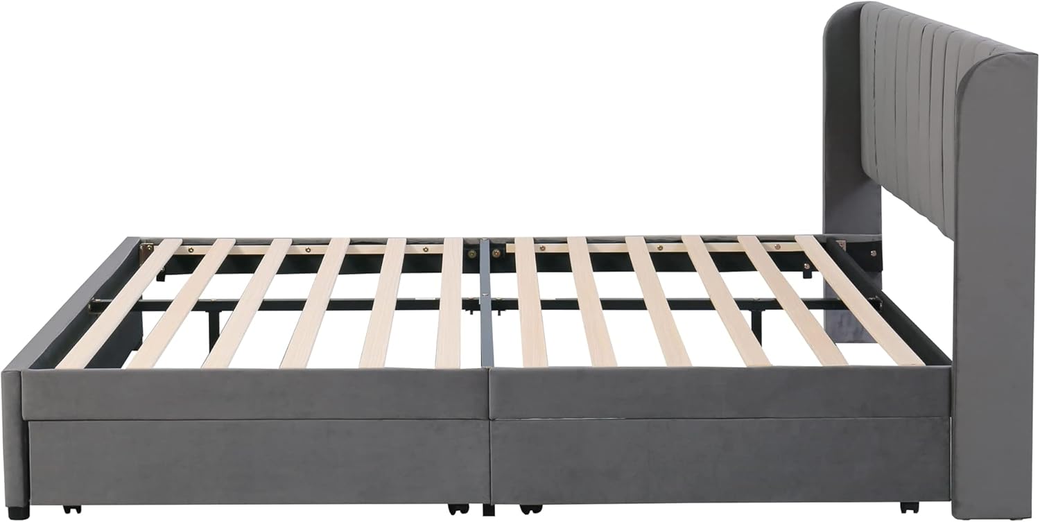 Polsterbett Doppelbett 180x200 cm, Bett mit 2 Stauraum Schubladen und Lattenrost aus Holz, Stauraumbett Bettgestell mit Metallrahmen, Samt, Grau (Ohne Matratze)