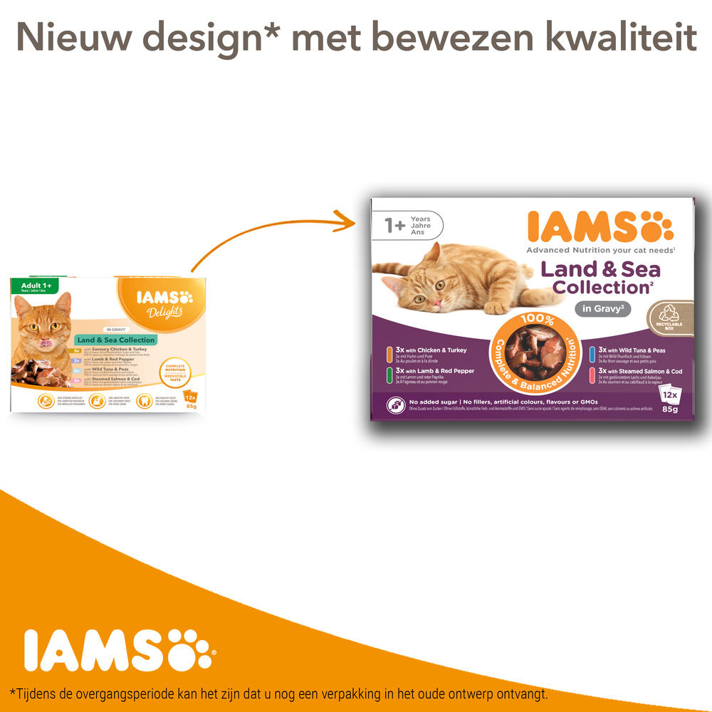 IAMS Delights Adult Land & Sea in Saus - Kattenvoer - 12x85 gram - 1020 Gram - vis, vlees
