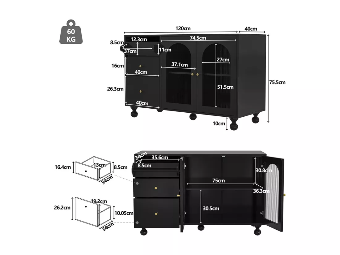 Buffet de salle à manger noir avec longues portes en verre arc-en-ciel et porte-serviettes design, meuble moderne multifonctionnel