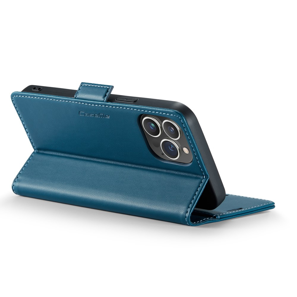 iPhone 14 Pro Leder Tasche Flip Wallet Etui mit Kartenfächern Litchi Look (RFID Schutz) - Blaugrün