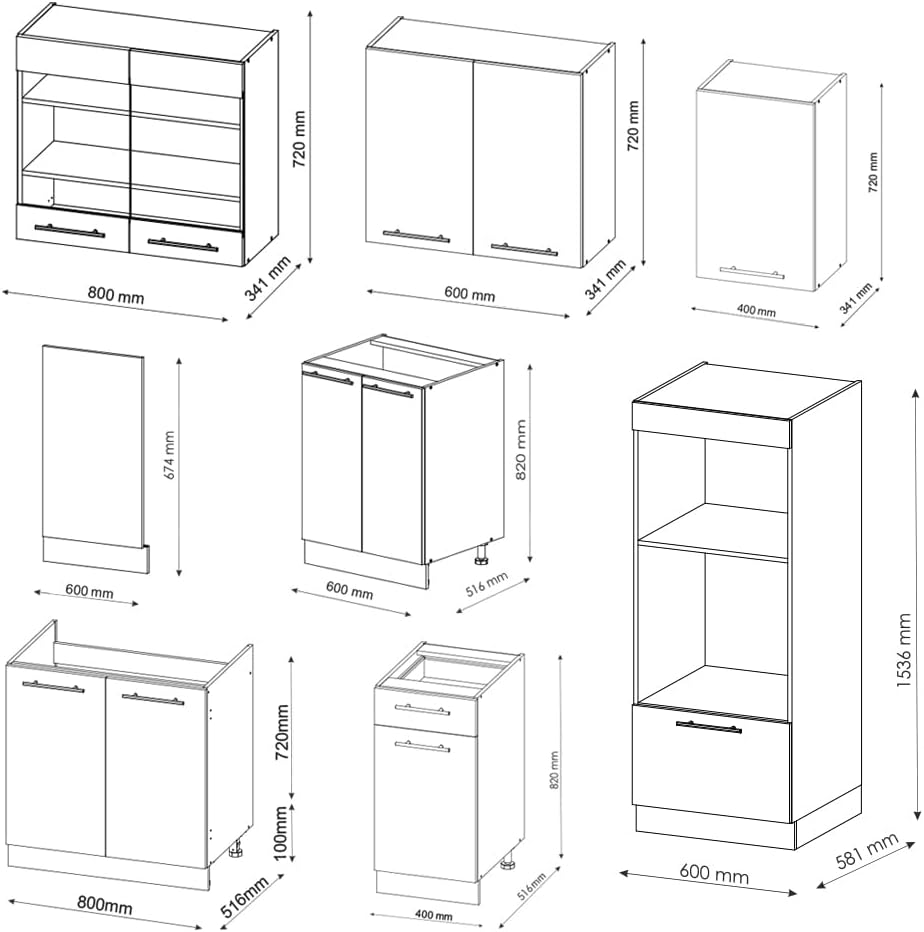 Vicco Küchenzeile Fame-Line, Anthrazit Hochglanz/Weiß, 300 cm mit Hochschrank, ohne Arbeitsplatte