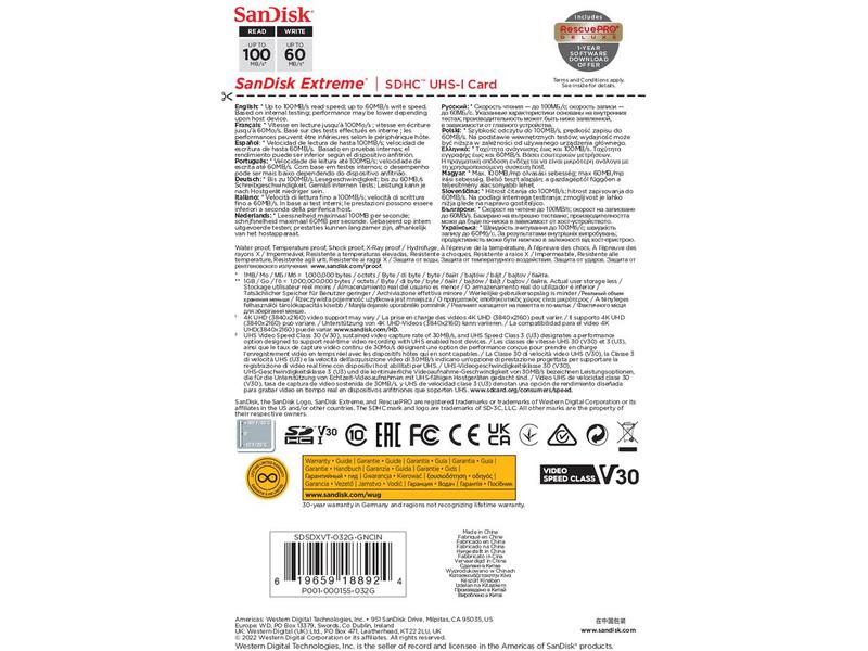 SanDisk SDHC-Karte Extreme 32 GB Professionelle SDHC-Speicherkarte mit 32 GB