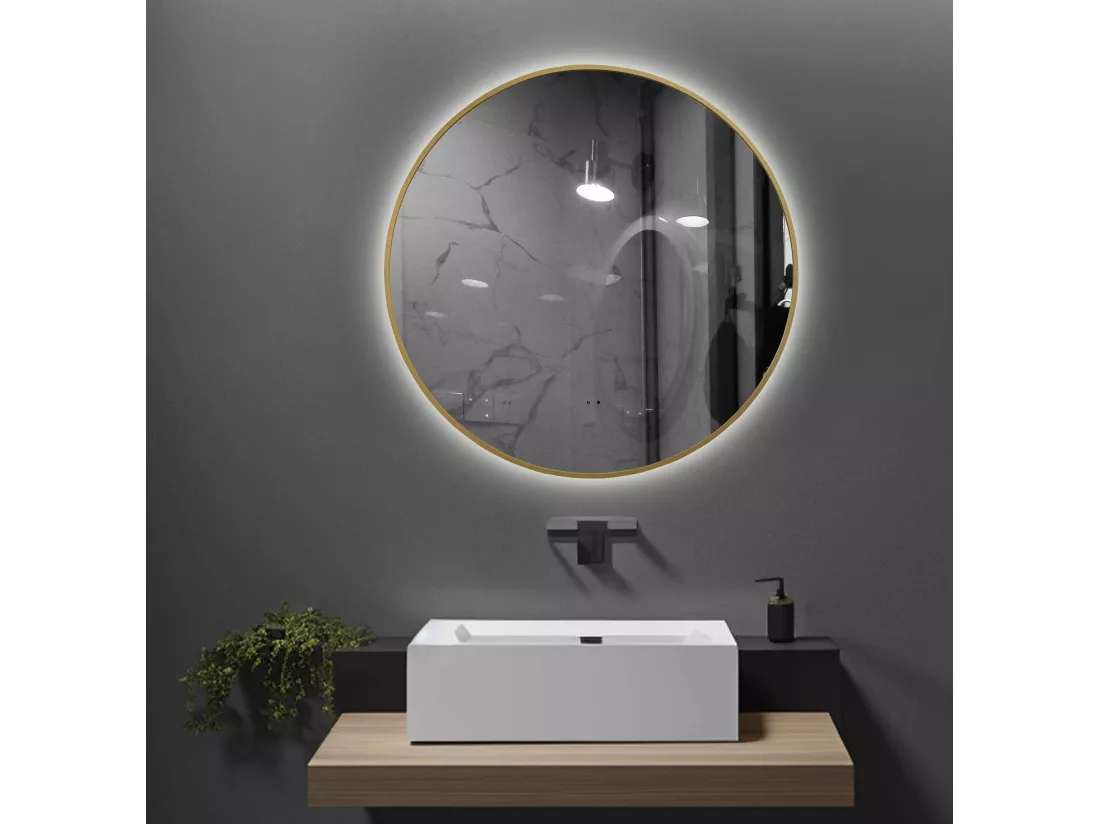 LuxuryBain- Miroir de salle de bain LED à luminosité variable 80cm rond avec cadre en aluminium doré, or et touche sensitive
