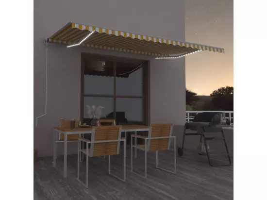 Auvent manuel rétractable avec LED 500x350 cm Jaune et blanc