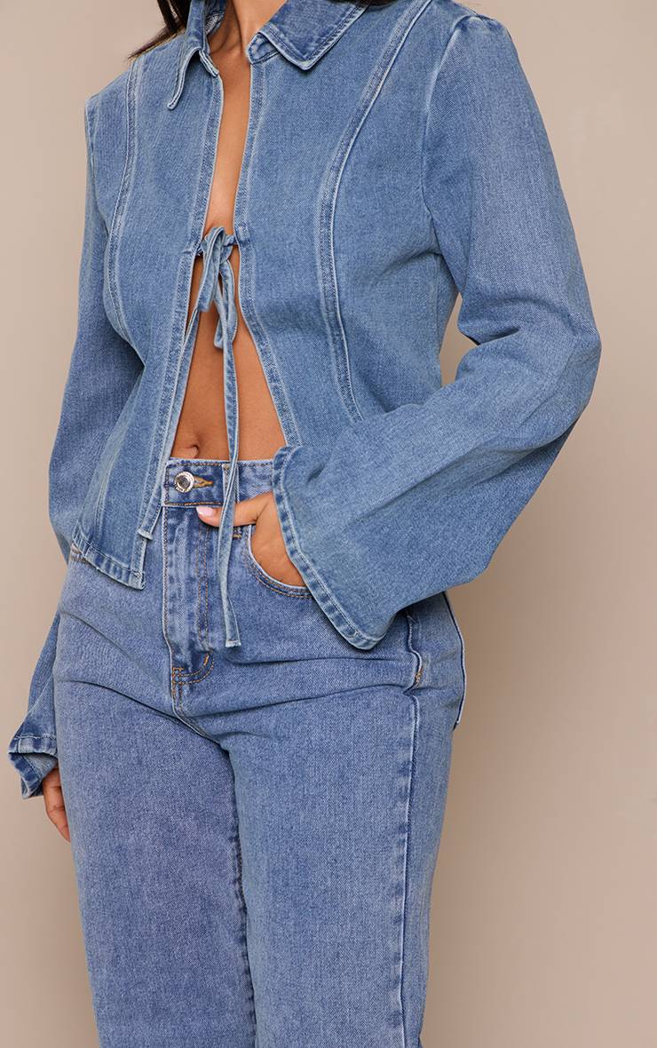 Mid Blue Wash Haut En Jean Petite Avec Nœud Devant
