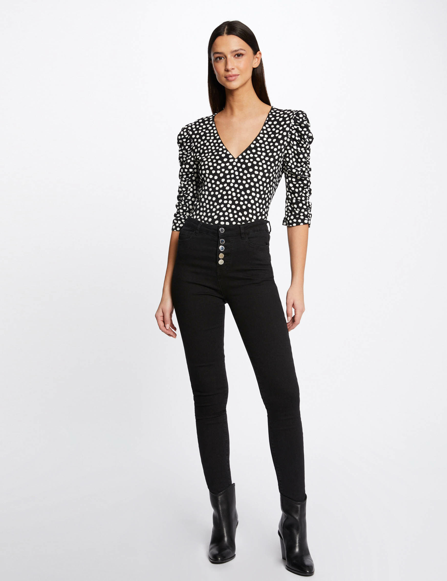 T-shirt manches 3/4 imprimé à pois noir femme - noir