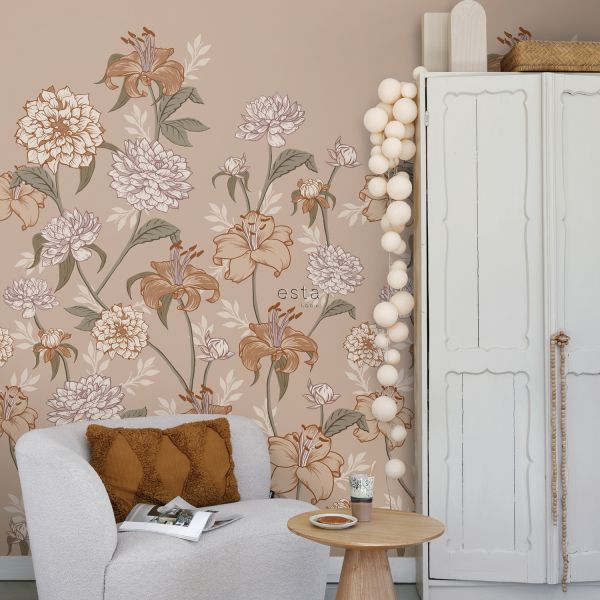 Estahome Vintage Bloemen Fotobehang  - 1,5 x 2,79 m - Oudroze / Terracotta