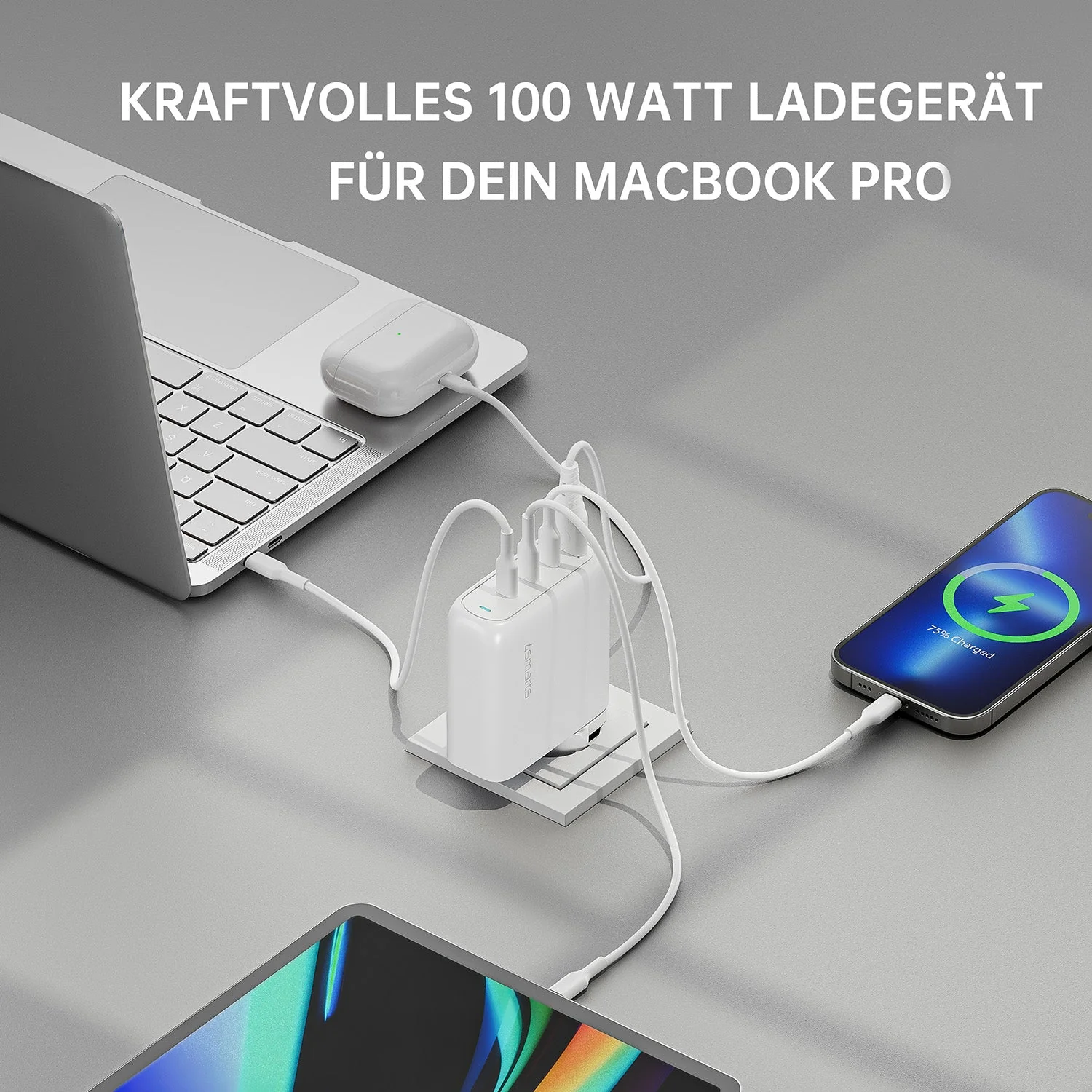 (100W) GaN Flex Pro 3-fach USB C / USB A World Travel Ladegerät Power Delivery Netzteil (4S545100) - Weiss