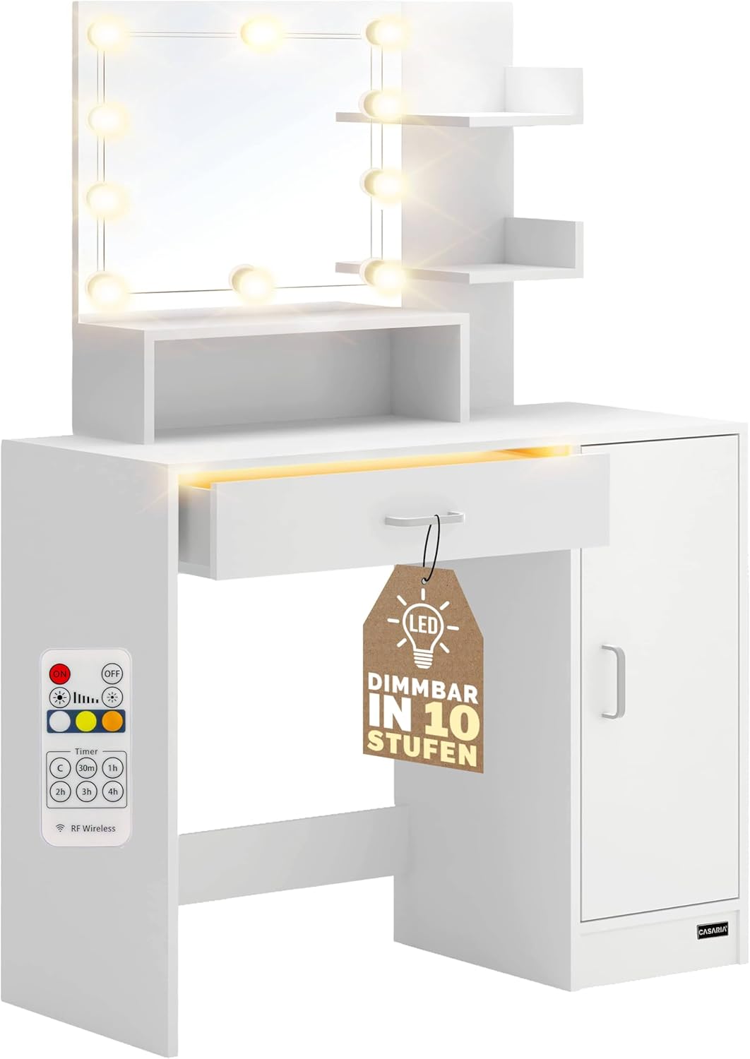 Casaria® Schminktisch mit Spiegel LED Beleuchtung Weiß Schubladenbeleuchtung 3 Regale Kosmetiktisch Make-up inkl. Fernbedienung klein Holz 90x40cm