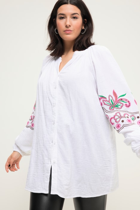 Musselin-Bluse, oversized, Tunika-Ausschnitt, Stickereien