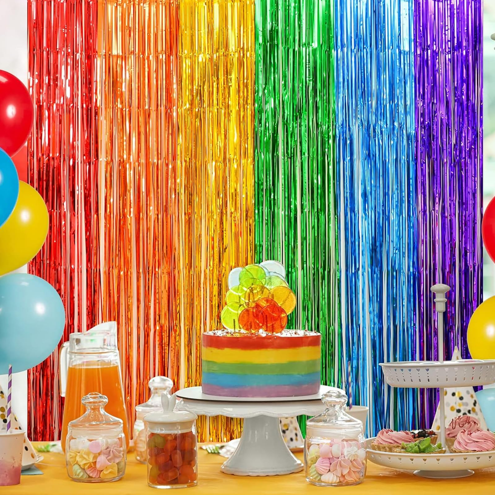 (4er Set) 2x1m Party Deko Metallic Lametta Vorhang Glänzender Fransen Vorhang Regenbogen Foto Hintergrund - Rot / Gold / Blau / Lila / Grün