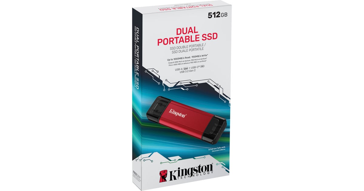 KingstonDual Portable 512 GB externe SSD  (Rood/zwart, SPSD/512GB, USB-A 3.2 (10 Gbit/s), USB-C 3.2 (10 Gbit/s))