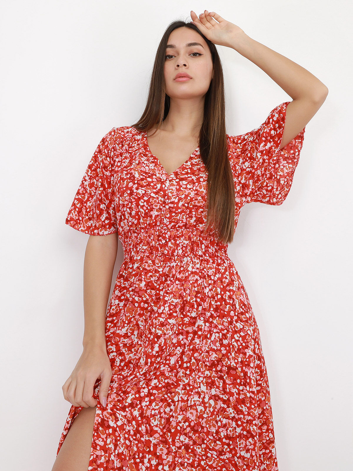 Robe longue à motif tacheté- Rouge