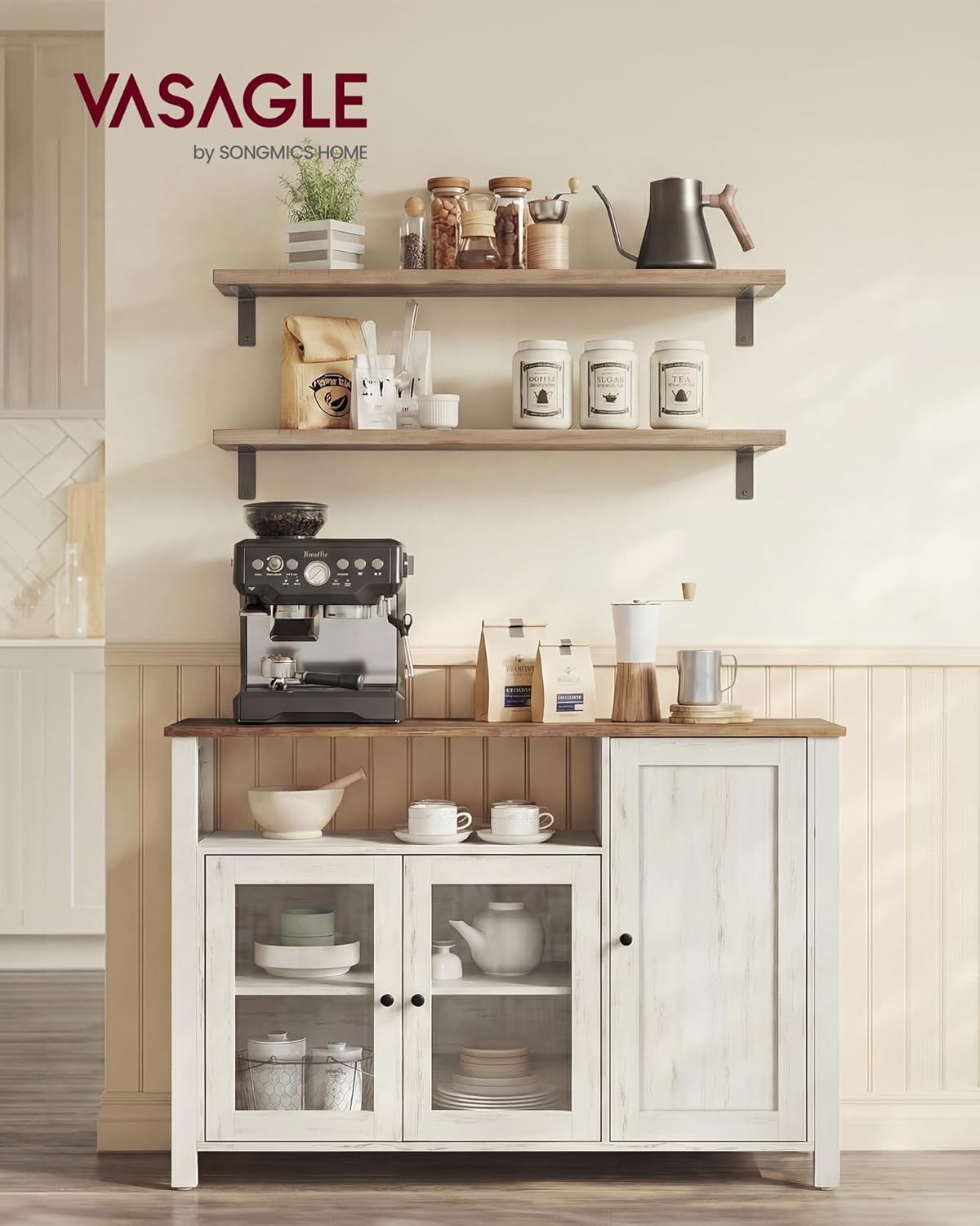 VASAGLE Sideboard, Küchenschrank, Aufbewahrungsschrank, mit 3 Türen, für Wohnzimmer, Küche, Esszimmer, 33 x 110 x 75 cm, Landhausstil, honigbraun-vintageweiß LSC096WJ02