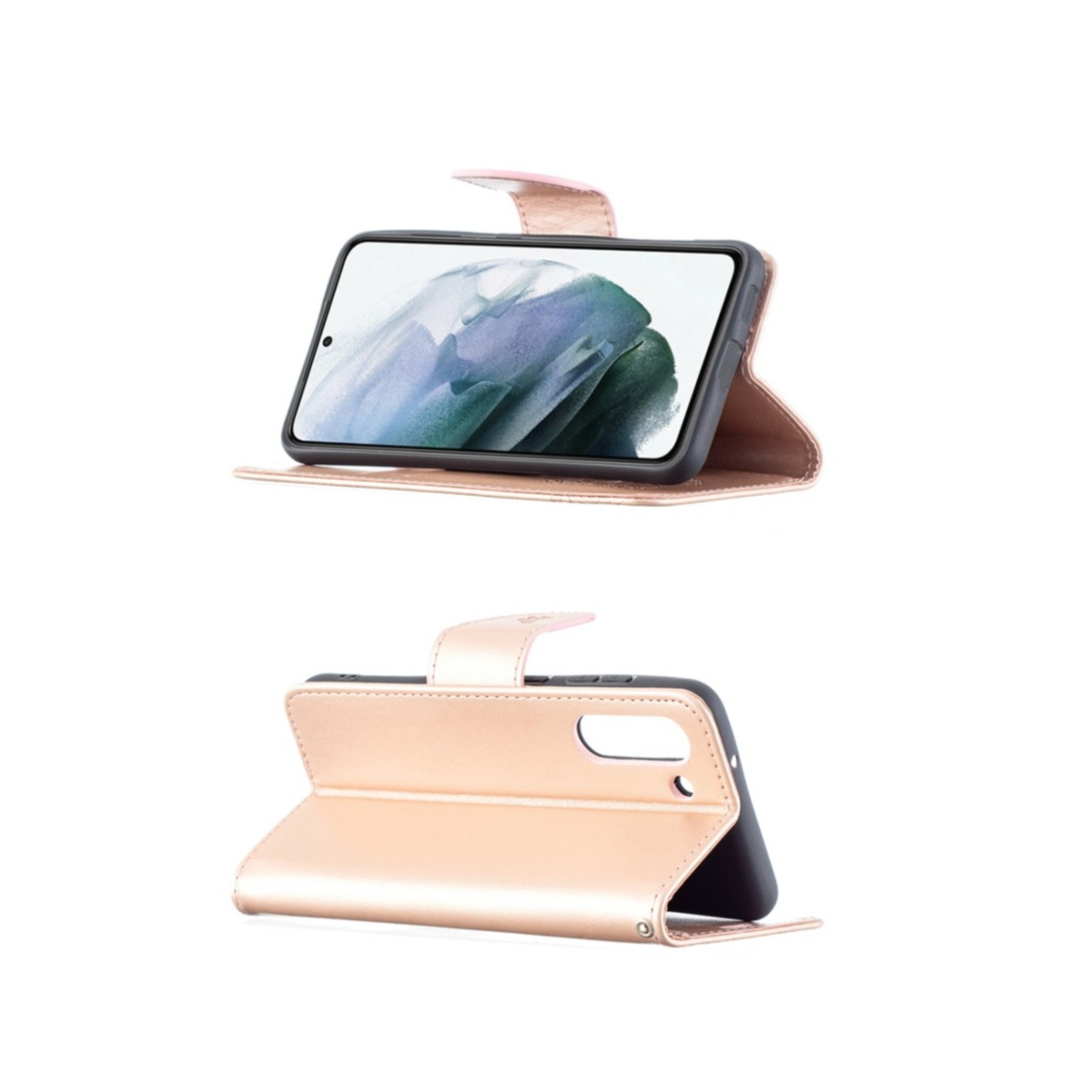 Samsung Galaxy S21 FE 5G Leder Tasche mit Kartenfach   Handschlaufe Schmetterling - Roségold