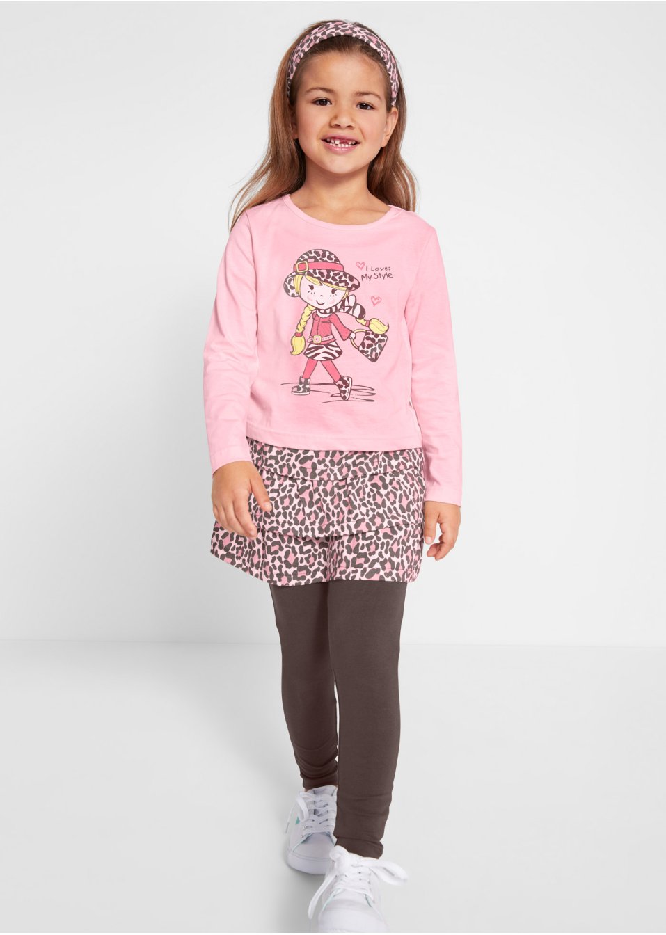T-shirt, jupe, legging, bandeau fille (Ens. 4 pces.)