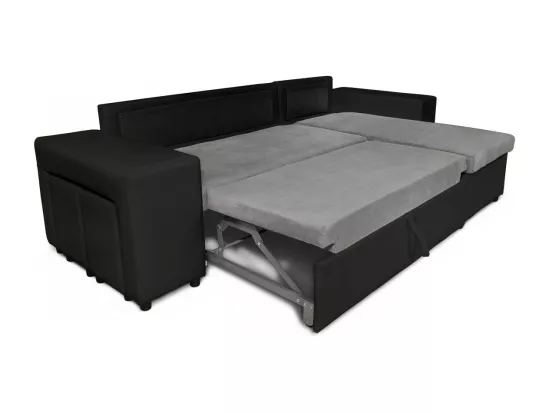 Canapé d'angle réversible Mady bimatière gris/noir avec coffre accoudoir étagère et poufs gauche - L254 x P146 x H81cm - Loungitude