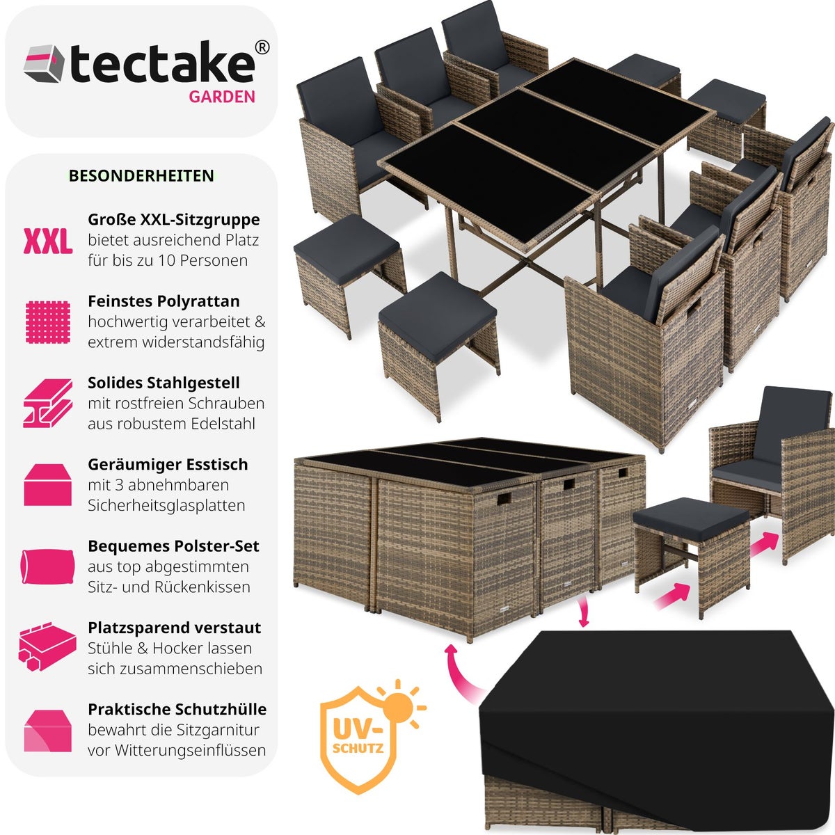 tectake Malaga rotan zitgroep voor 6 tot 10 personen, inklapbaar, inclusief beschermhoes